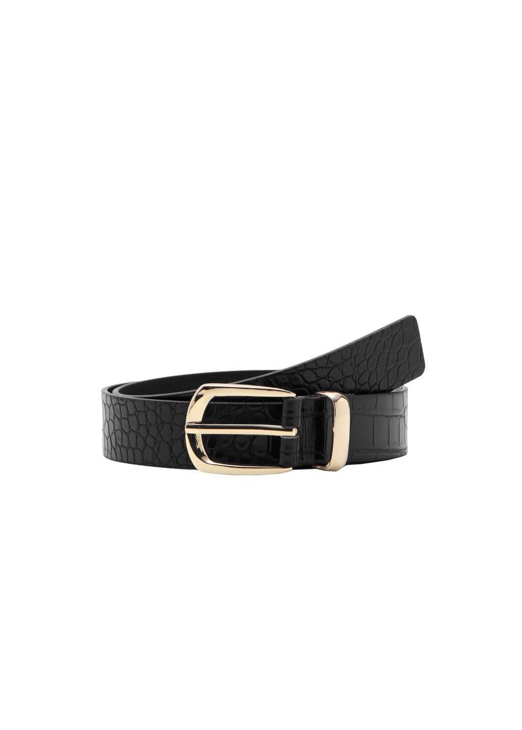 Black Croco Faux-Leather Belt, Black, medium