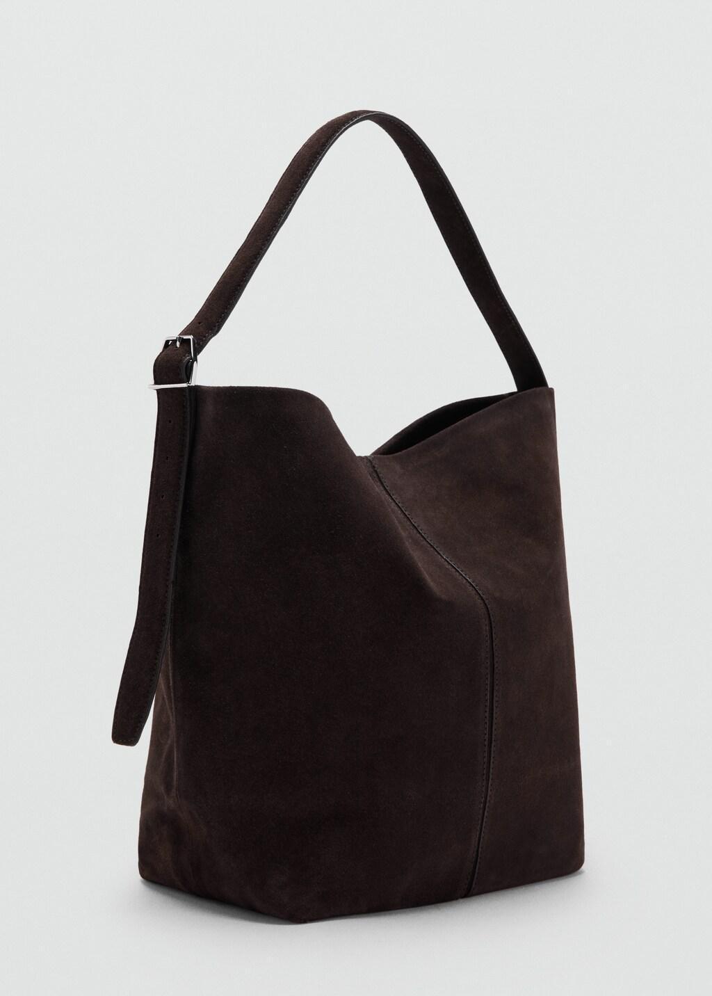 Brown Large Suede Bucket Bag With Buckle, Dark Brown, medium