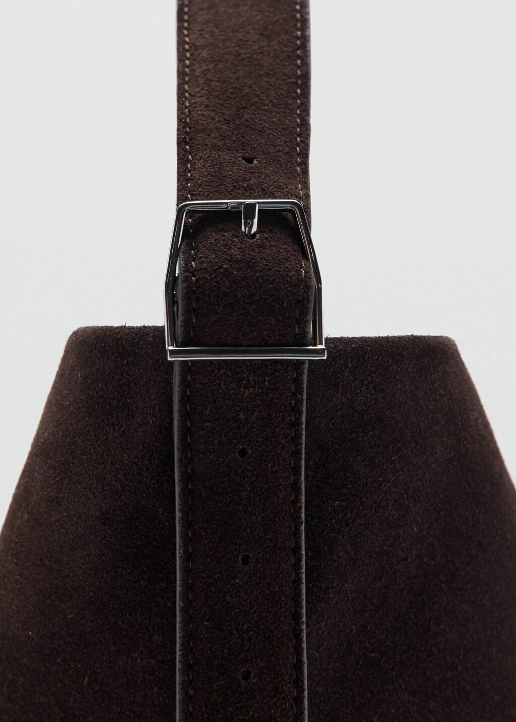 Brown Large Suede Bucket Bag With Buckle, Dark Brown, large image number 1