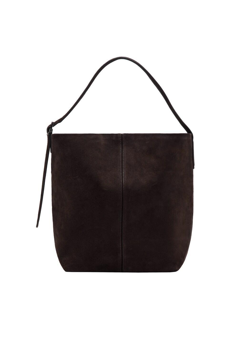 Brown Large Suede Bucket Bag With Buckle, Dark Brown, large image number 2