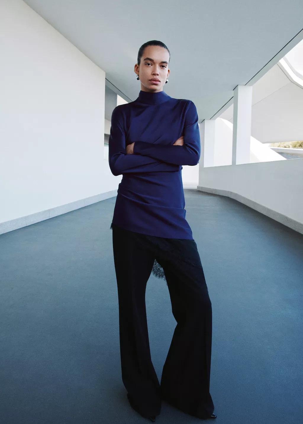 Blue Satin High-Neck Dress, Medium Blue, large image number 0