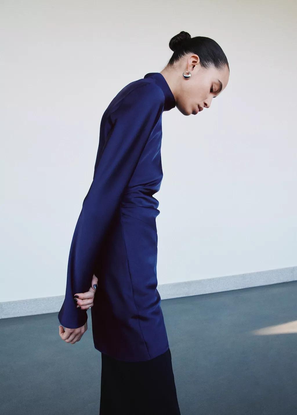 Blue Satin High-Neck Dress, Medium Blue, large image number 3