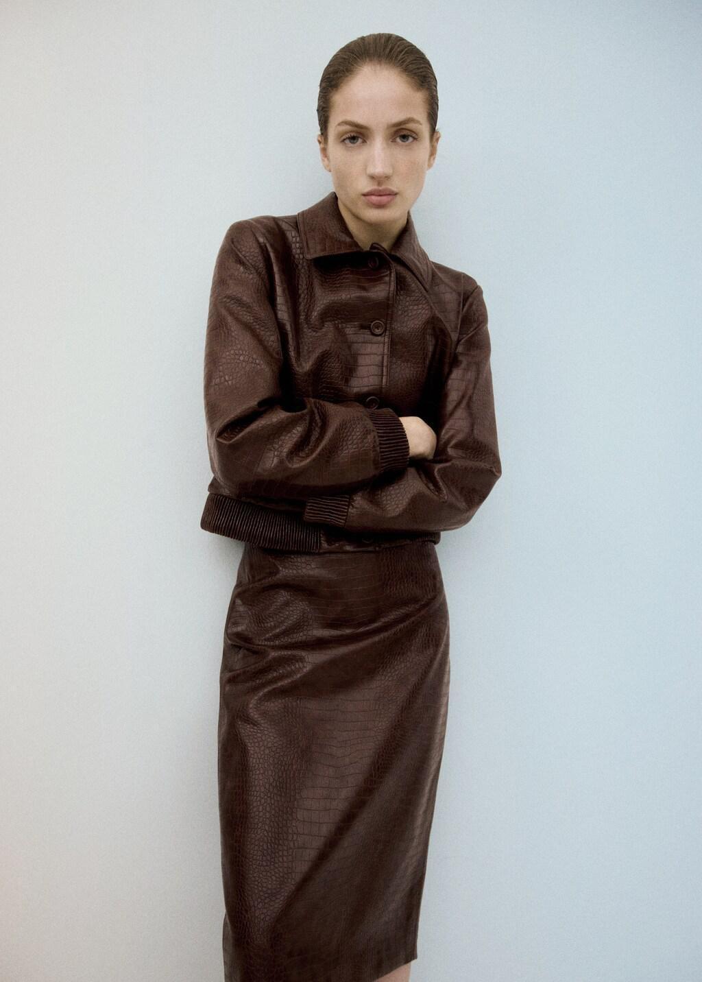 Brown Croc-Effect Bomber Jacket, Brown, large image number 4