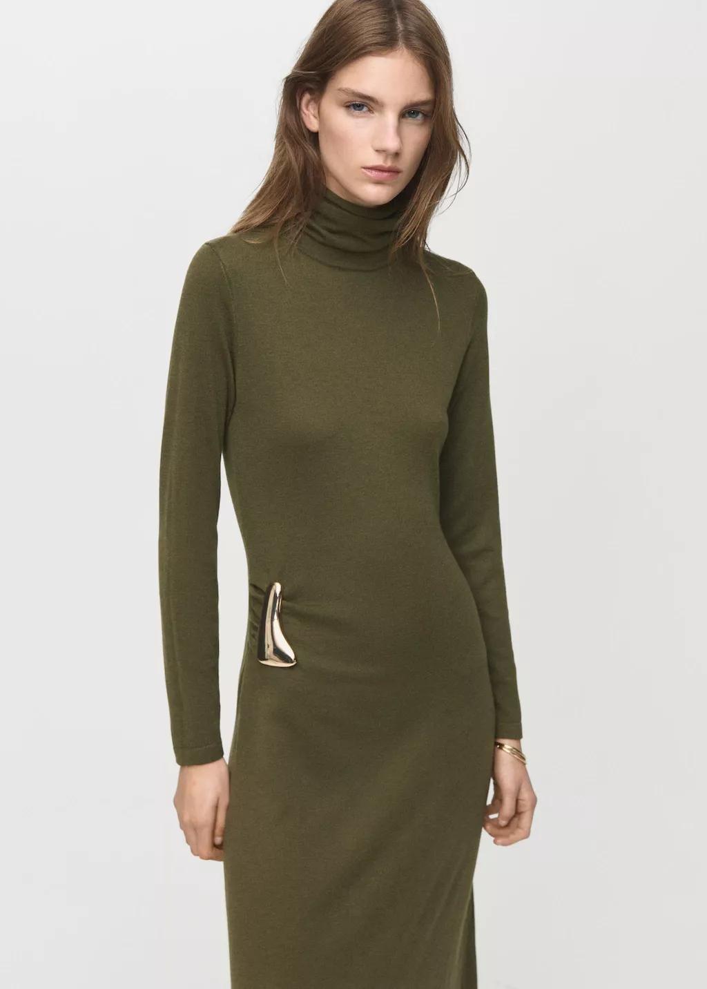 Khaki Turtleneck Knitted Dress With Brooch, Beige - Khaki, large image number 3