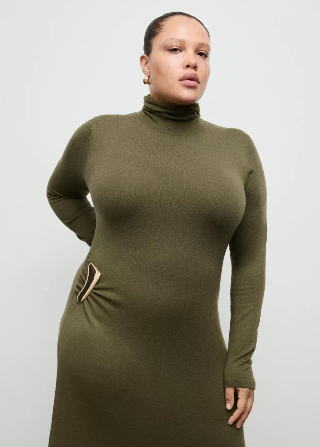 Khaki Turtleneck Knitted Dress With Brooch, Beige - Khaki, large image number 6