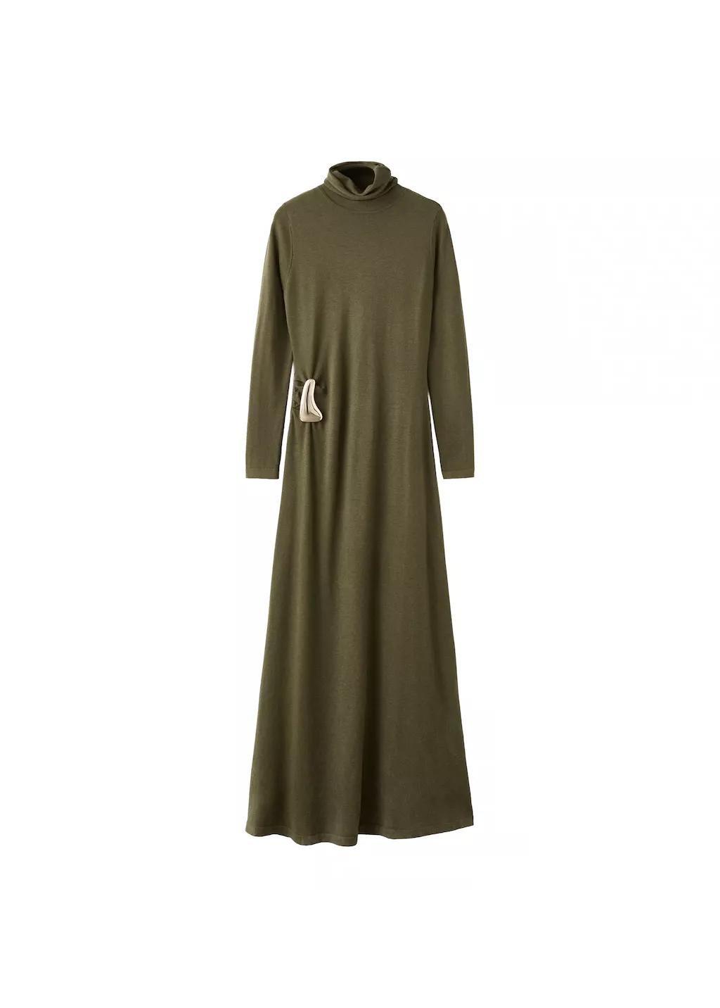 Khaki Turtleneck Knitted Dress With Brooch, Beige - Khaki, large image number 8