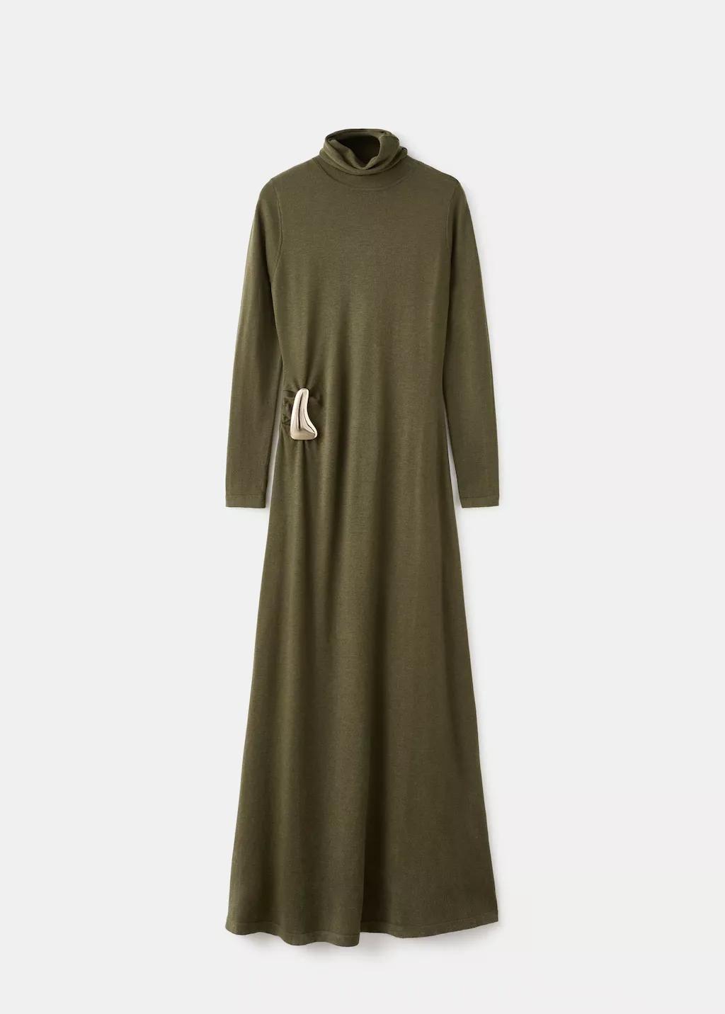 Khaki Turtleneck Knitted Dress With Brooch, Beige - Khaki, large image number 9