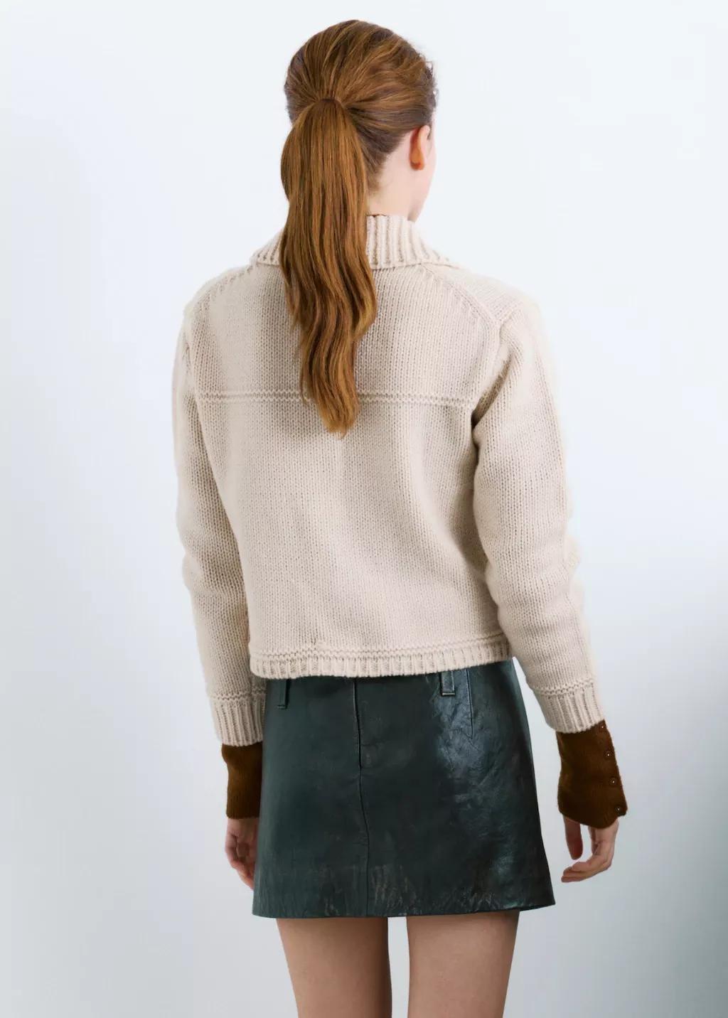 Beige Knitted Jacket With Polo Collar, Light Pastel Brown, large image number 2