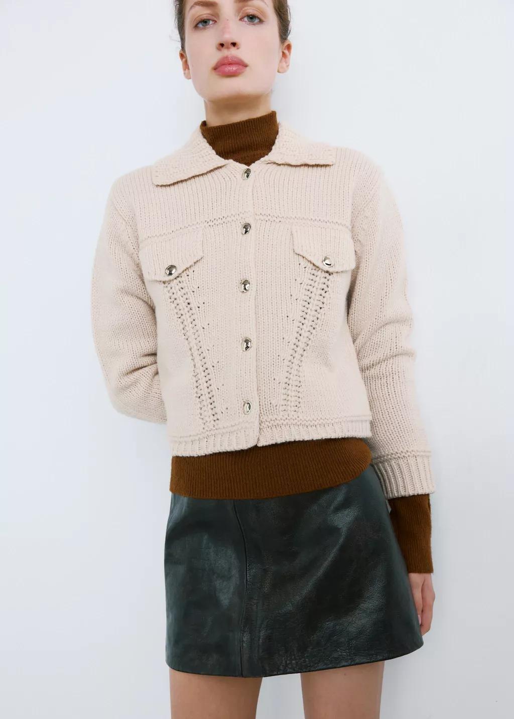 Beige Knitted Jacket With Polo Collar, Light Pastel Brown, large image number 3