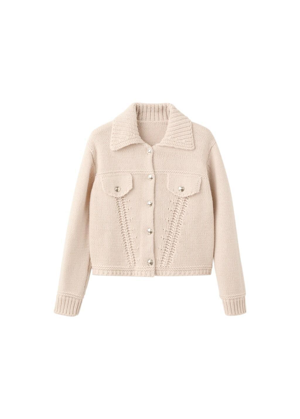 Beige Knitted Jacket With Polo Collar, Light Pastel Brown, large image number 5