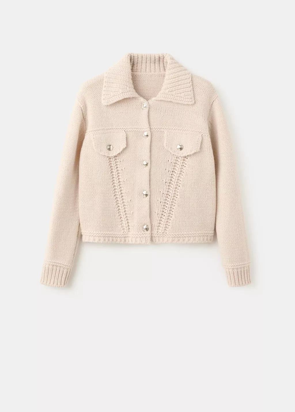 Beige Knitted Jacket With Polo Collar, Light Pastel Brown, large image number 6