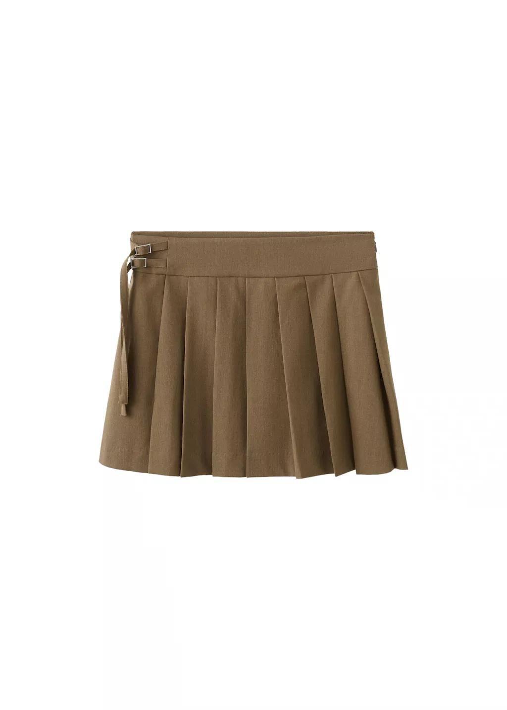 Brown Short Pleated Skirt With Buckles, Brown, large image number 11