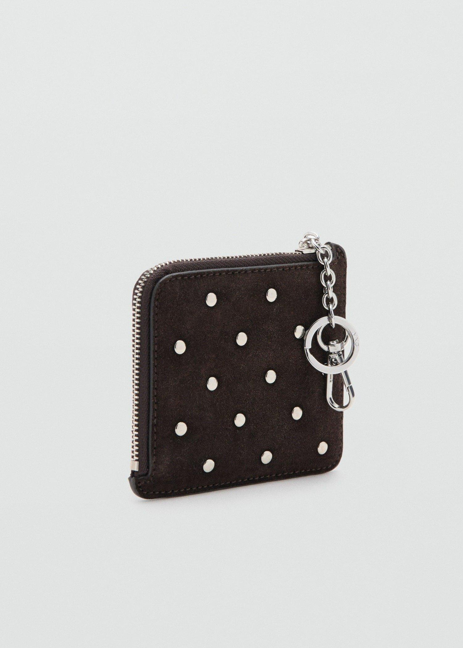 Brown Suede Studded Purse, Dark Brown, large image number 1