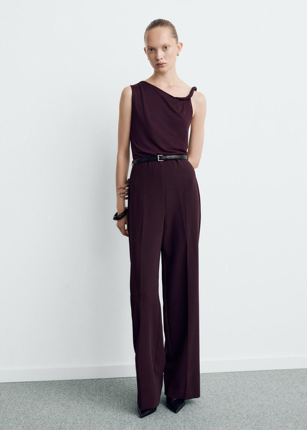 Burgundy Jumpsuit With Asymmetrical Neckline And Belt, Dark Red, large image number 0