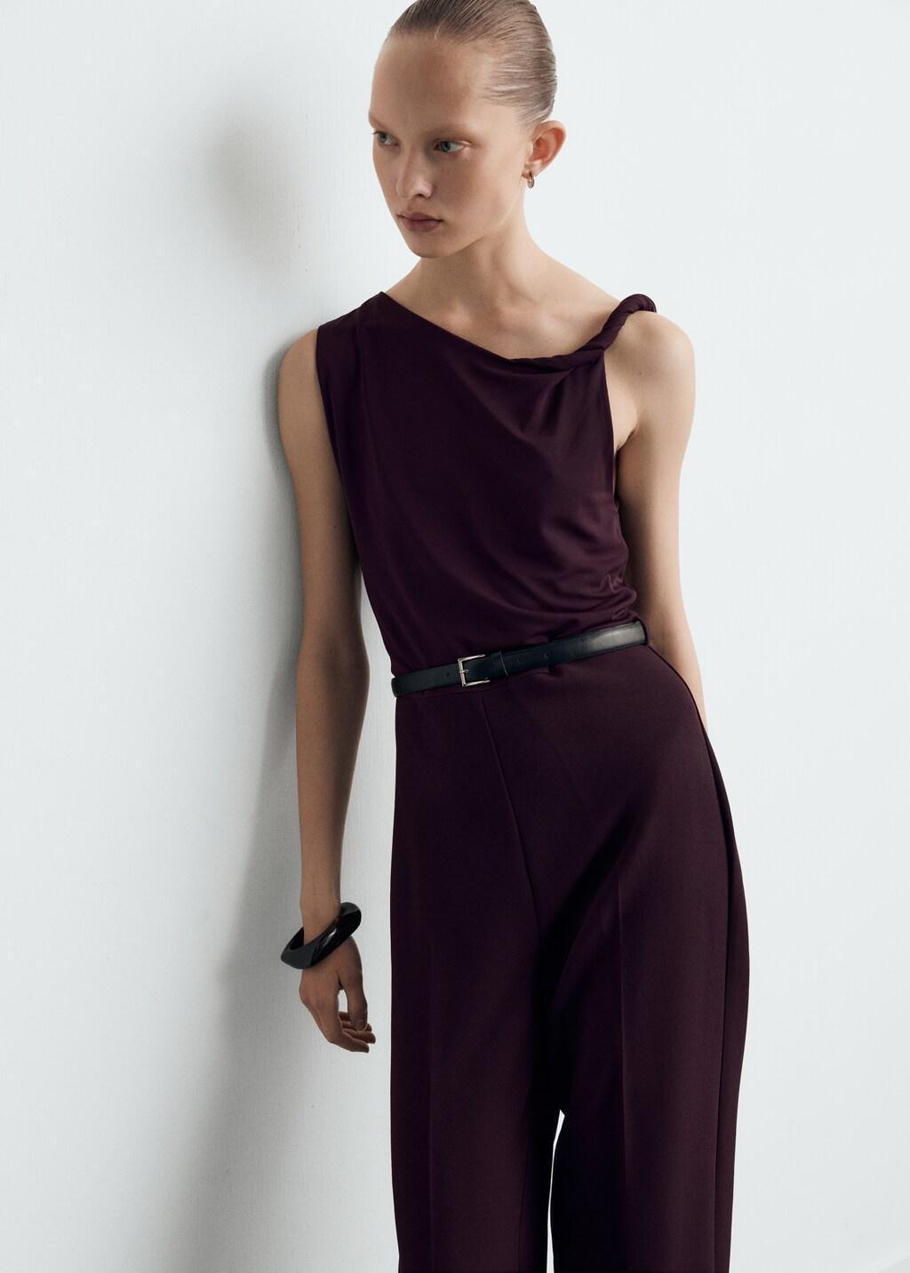 Burgundy Jumpsuit With Asymmetrical Neckline And Belt, Dark Red, large image number 3