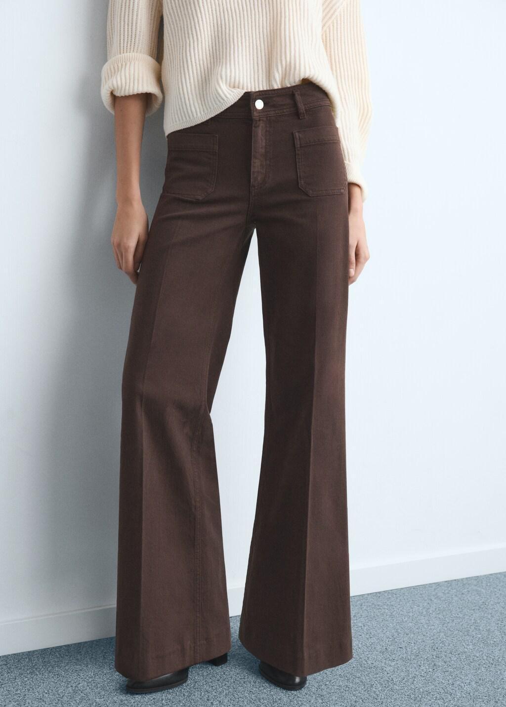 Brown Wide Leg Jeans With Pockets, Dark Brown, large image number 3
