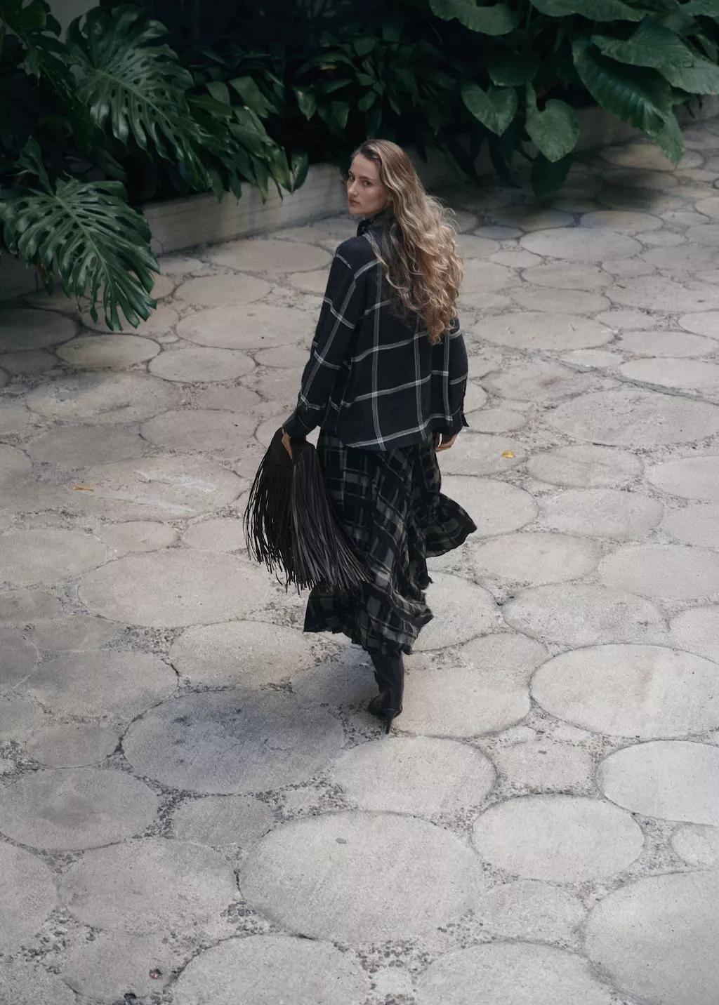 Black Check Blouse With Foulard Collar, Black, large image number 2