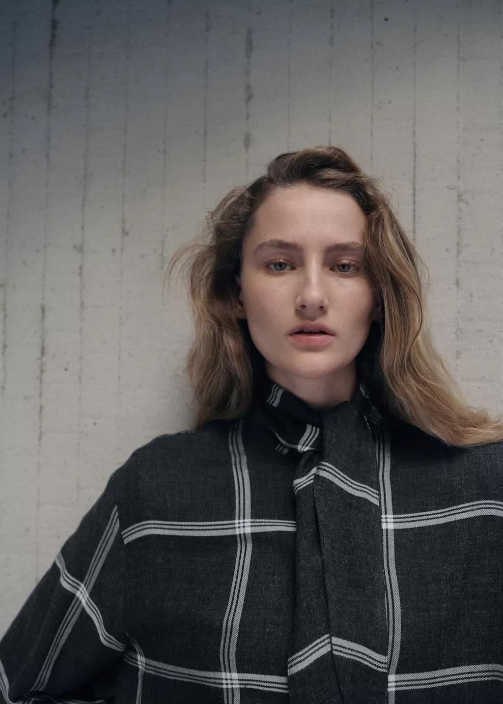 Black Check Blouse With Foulard Collar, Black, large image number 4