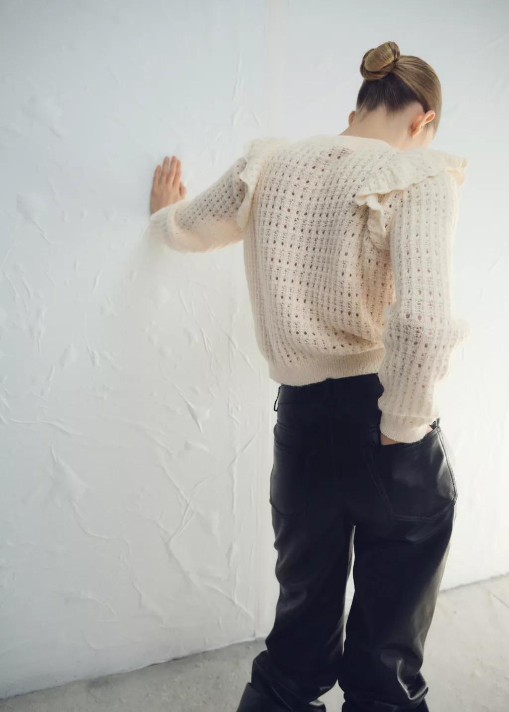 Beige Openwork Knitted Sweater With Ruffles, 0201_05, large image number 2