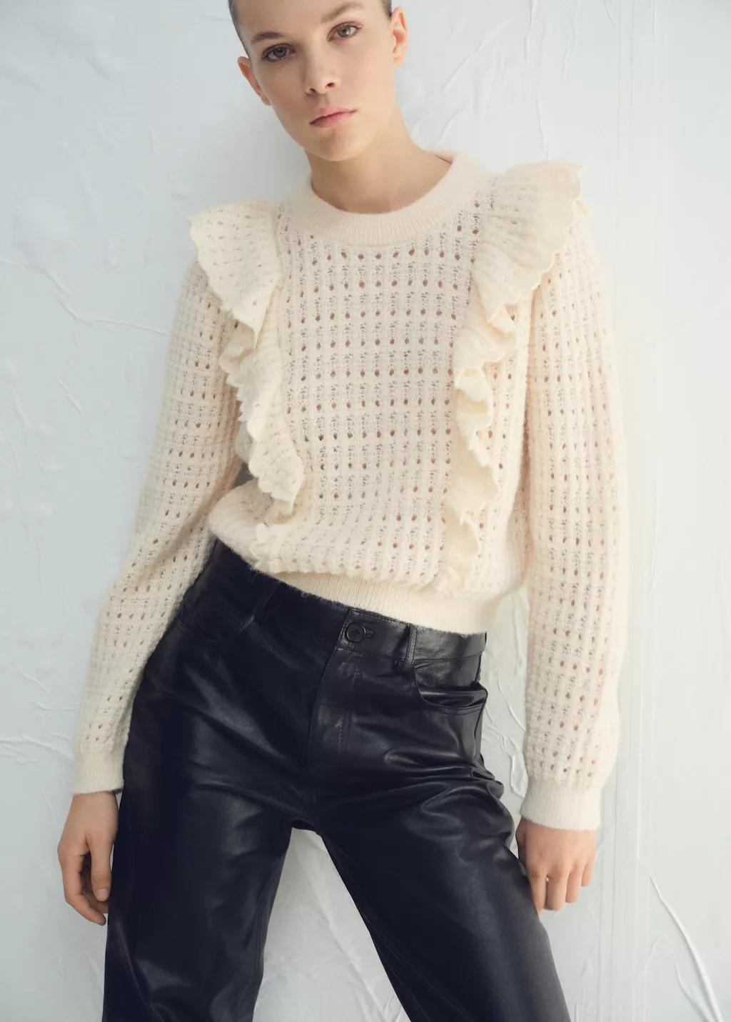 Beige Openwork Knitted Sweater With Ruffles, 0201_05, large image number 3
