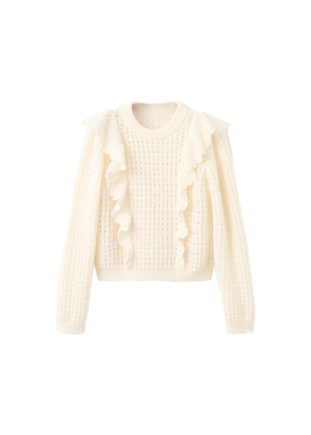 Beige Openwork Knitted Sweater With Ruffles, 0201_05, large image number 6