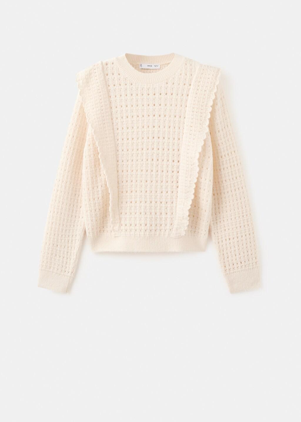 Beige Openwork Knitted Sweater With Ruffles, 0201_05, large image number 7