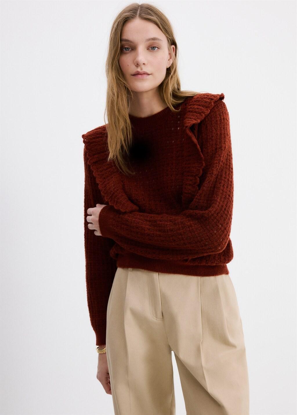 Yellow Openwork Knitted Sweater With Ruffles, Medium Orange, large image number 3