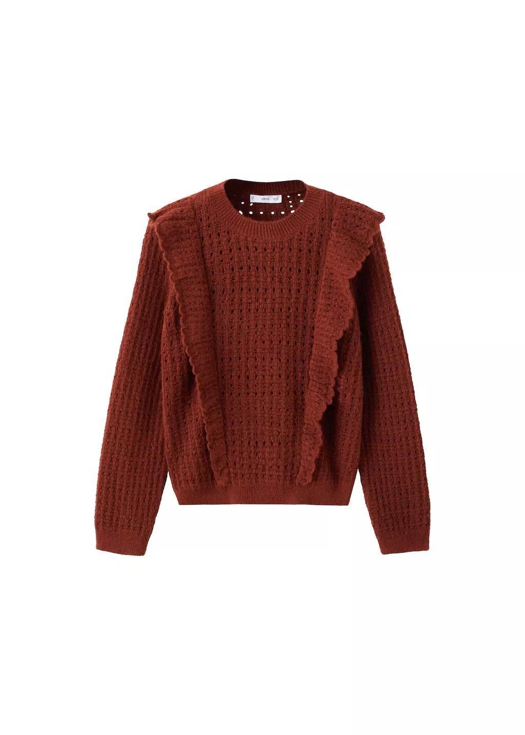 Yellow Openwork Knitted Sweater With Ruffles, Medium Orange, large image number 5