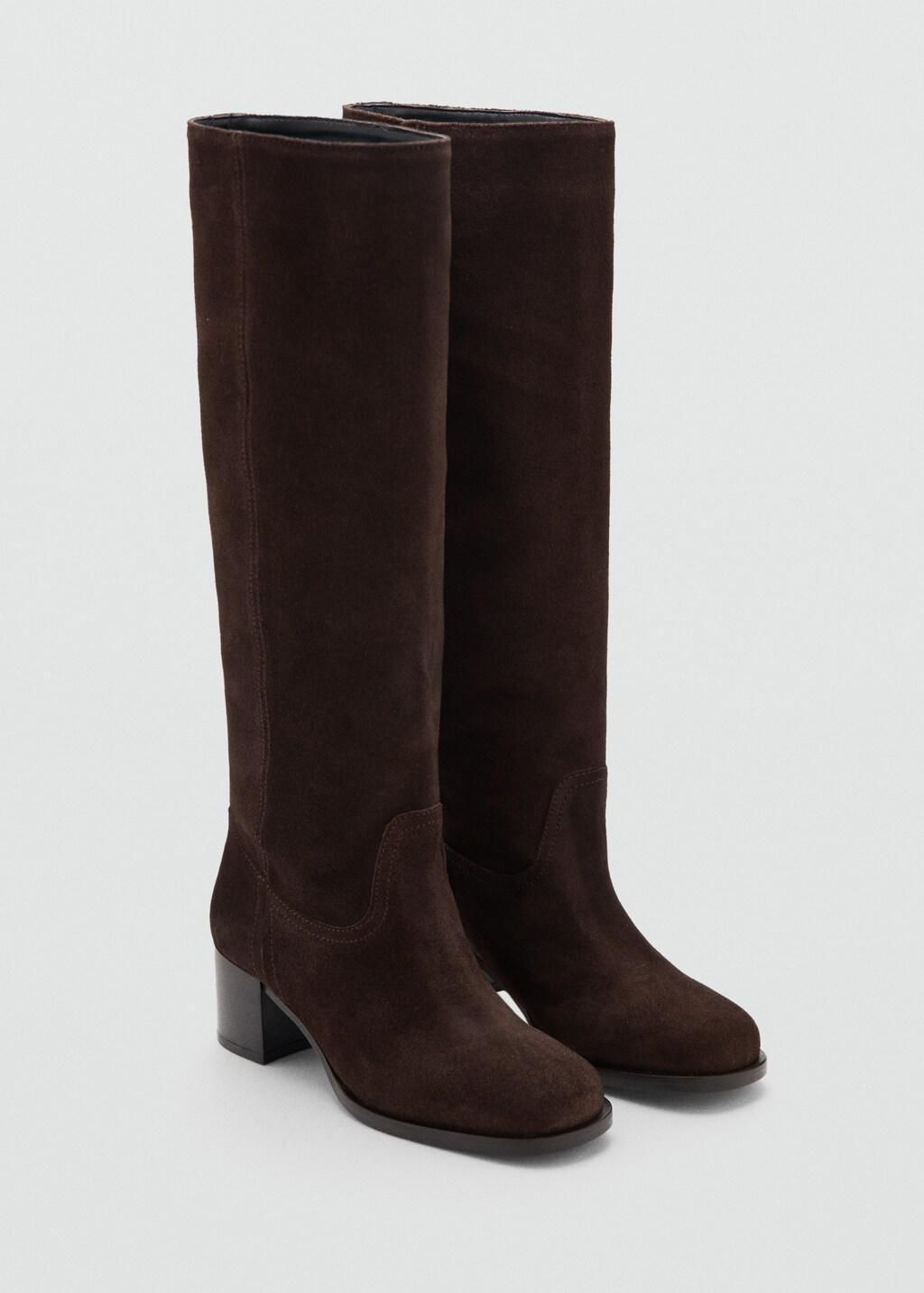 Brown Heel Suede Boots, Dark Brown, large image number 1