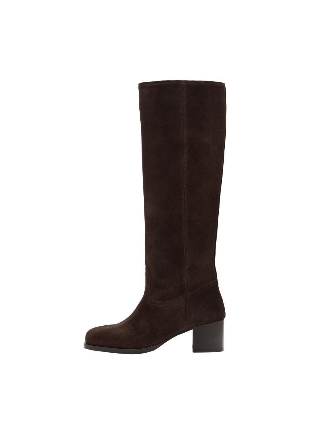 Brown Heel Suede Boots, Dark Brown, large image number 3