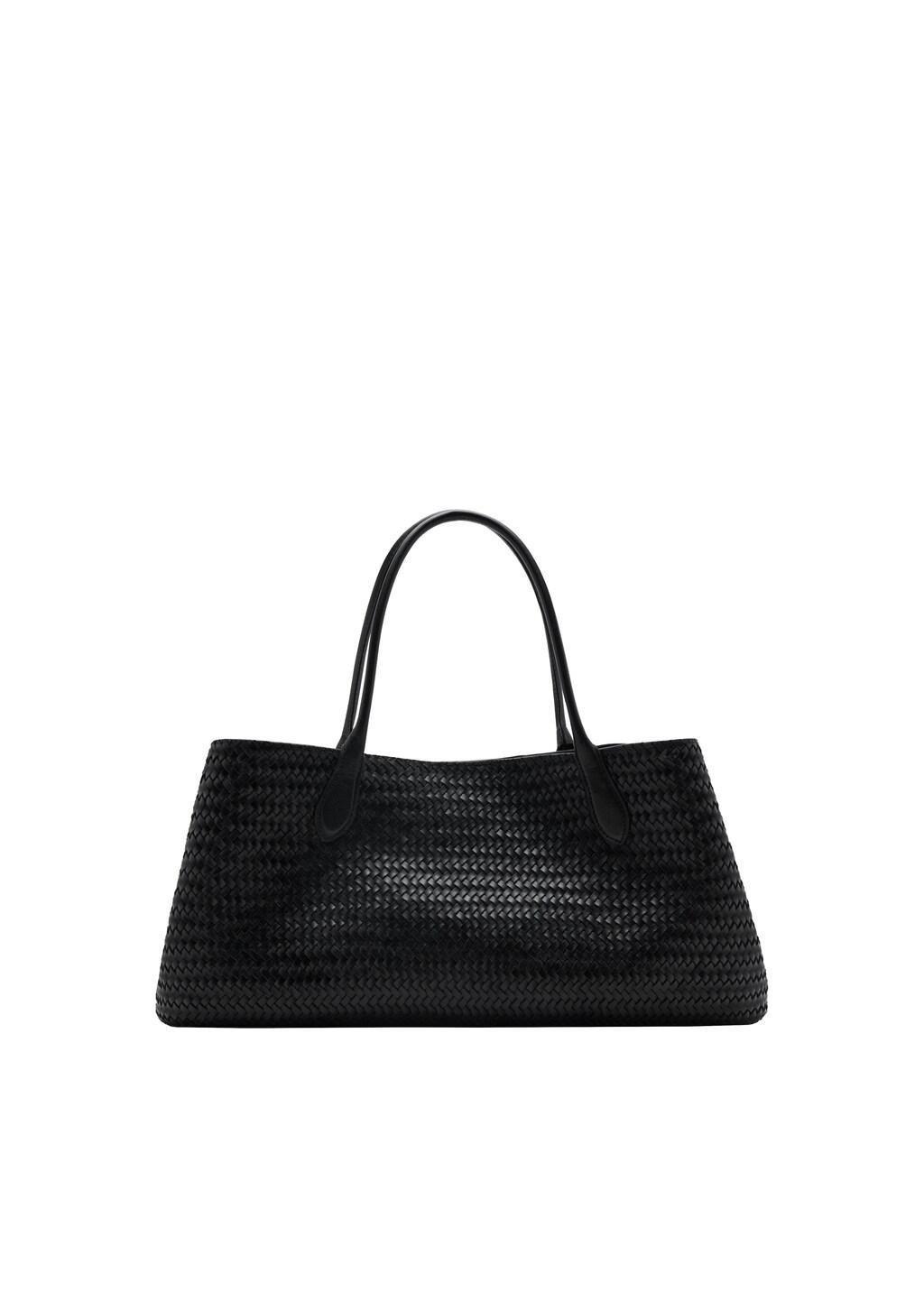 Black Large Braided Leather Shoulder Bag, Black, large image number 3