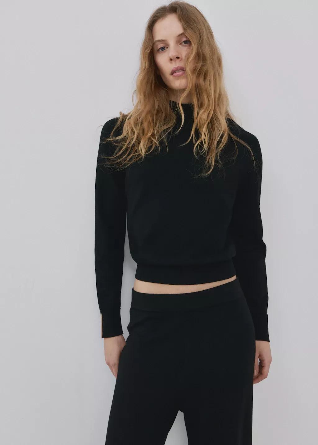 Black Sweater With Contrasting Stripes And Perkins Collar, 0201_99, large image number 3