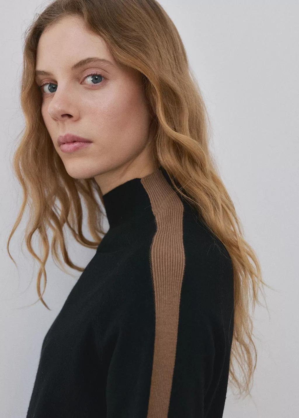 Black Sweater With Contrasting Stripes And Perkins Collar, 0201_99, large image number 4