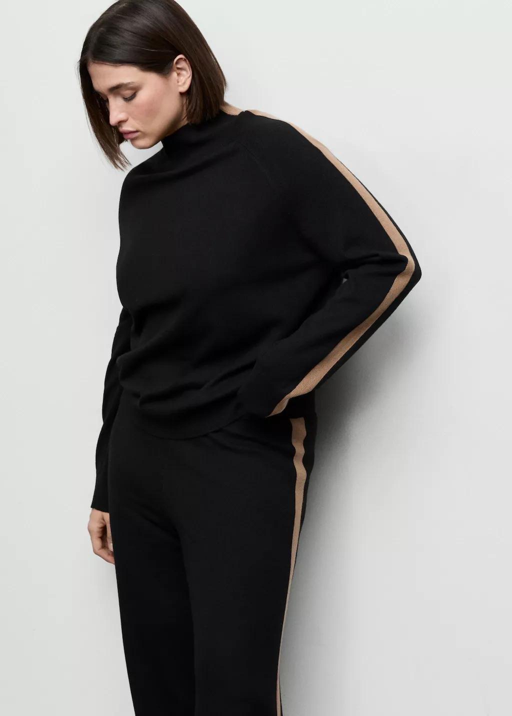 Black Sweater With Contrasting Stripes And Perkins Collar, 0201_99, large image number 6
