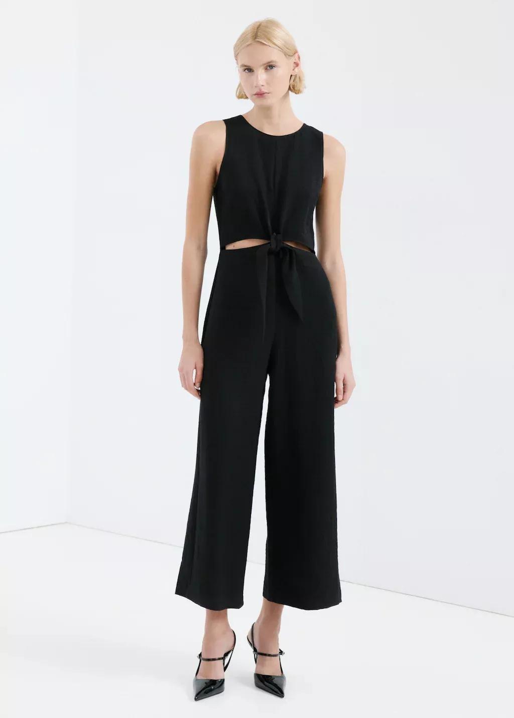 Black Cut-Out Jumpsuit With Knot, Black, medium