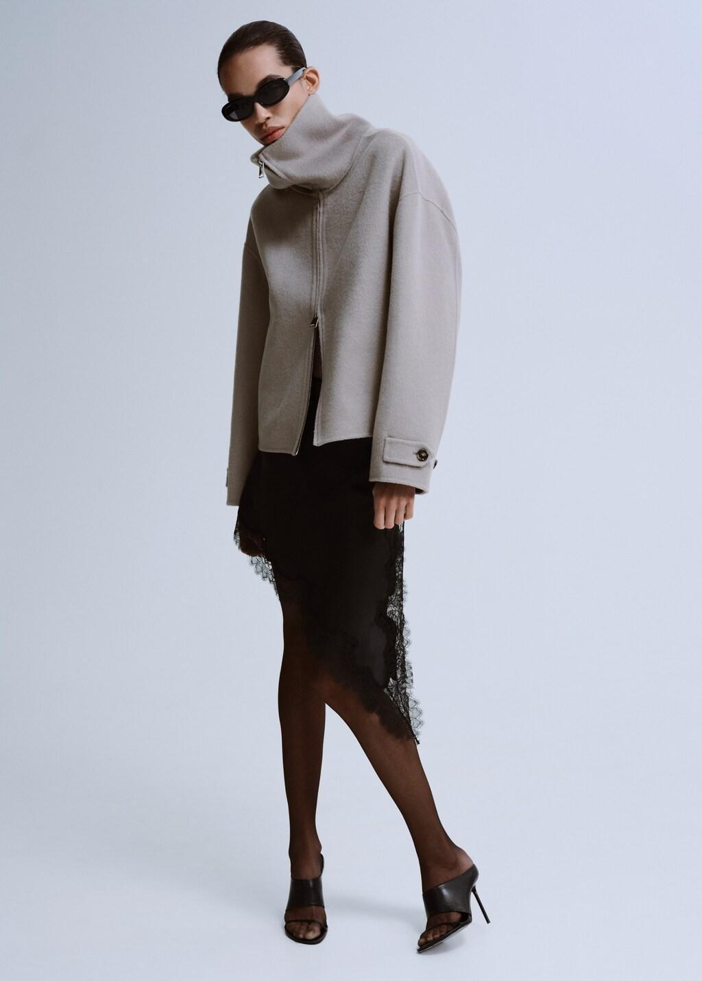 Black Satin Asymmetric Short Skirt With Lace, 0201_99, large image number 0