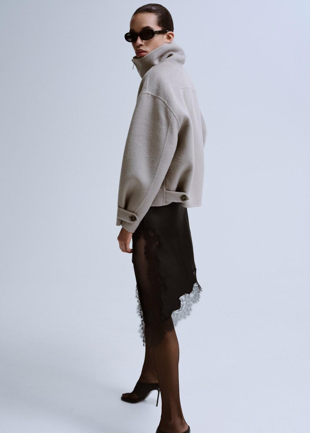 Black Satin Asymmetric Short Skirt With Lace, 0201_99, large image number 2