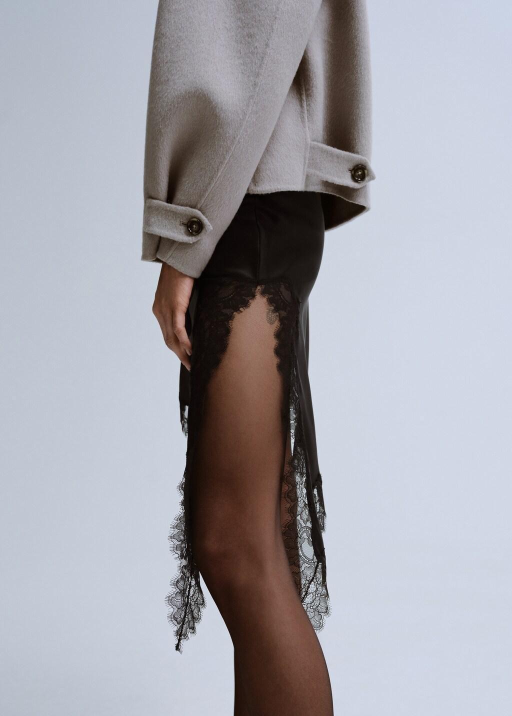 Black Satin Asymmetric Short Skirt With Lace, 0201_99, large image number 3