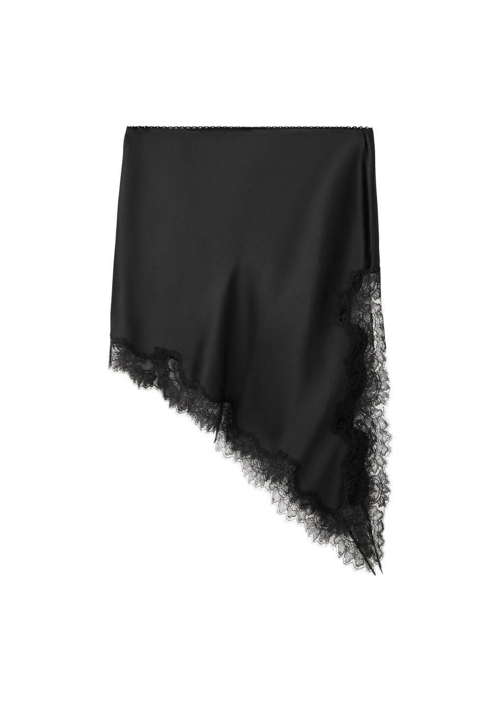 Black Satin Asymmetric Short Skirt With Lace, 0201_99, large image number 6