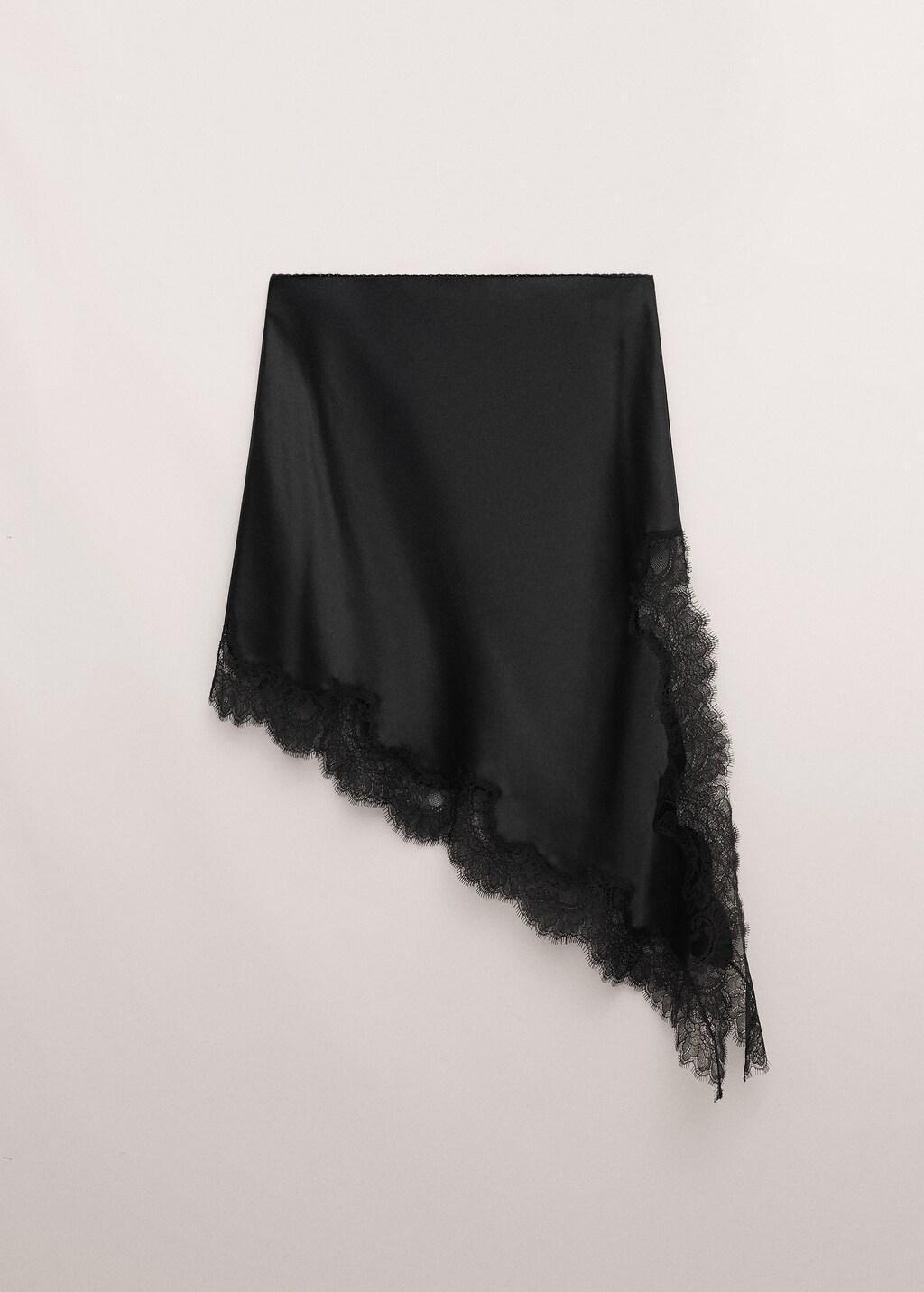 Black Satin Asymmetric Short Skirt With Lace, 0201_99, large image number 7