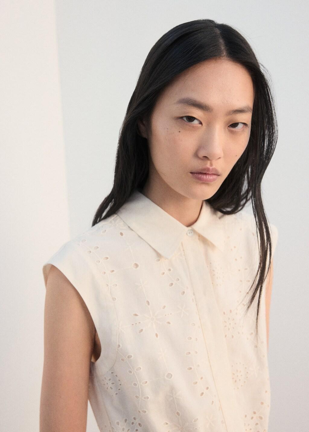 Ecru Embroidered Cut-Out Romper, Light Beige, large image number 4