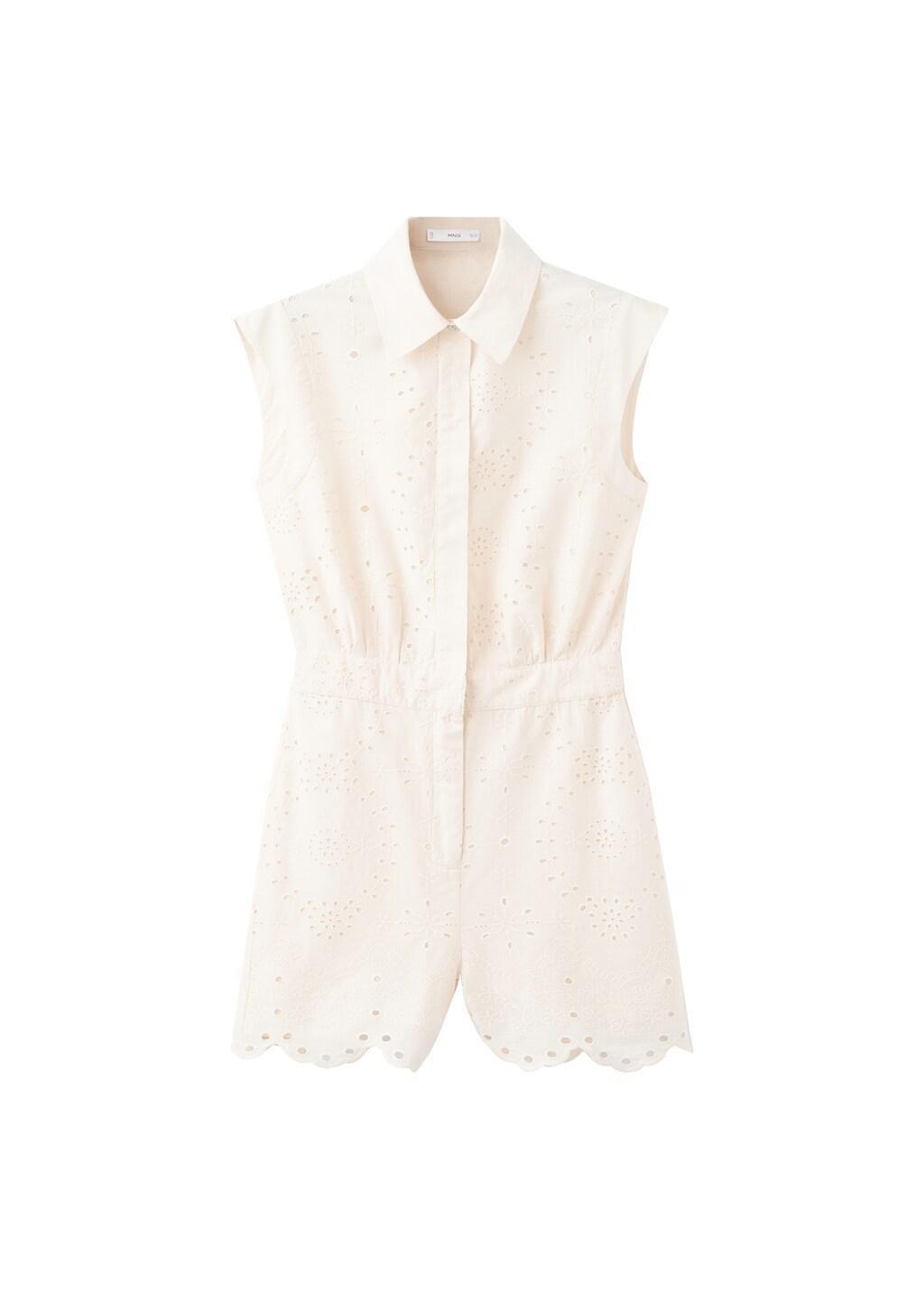 Ecru Embroidered Cut-Out Romper, Light Beige, large image number 6