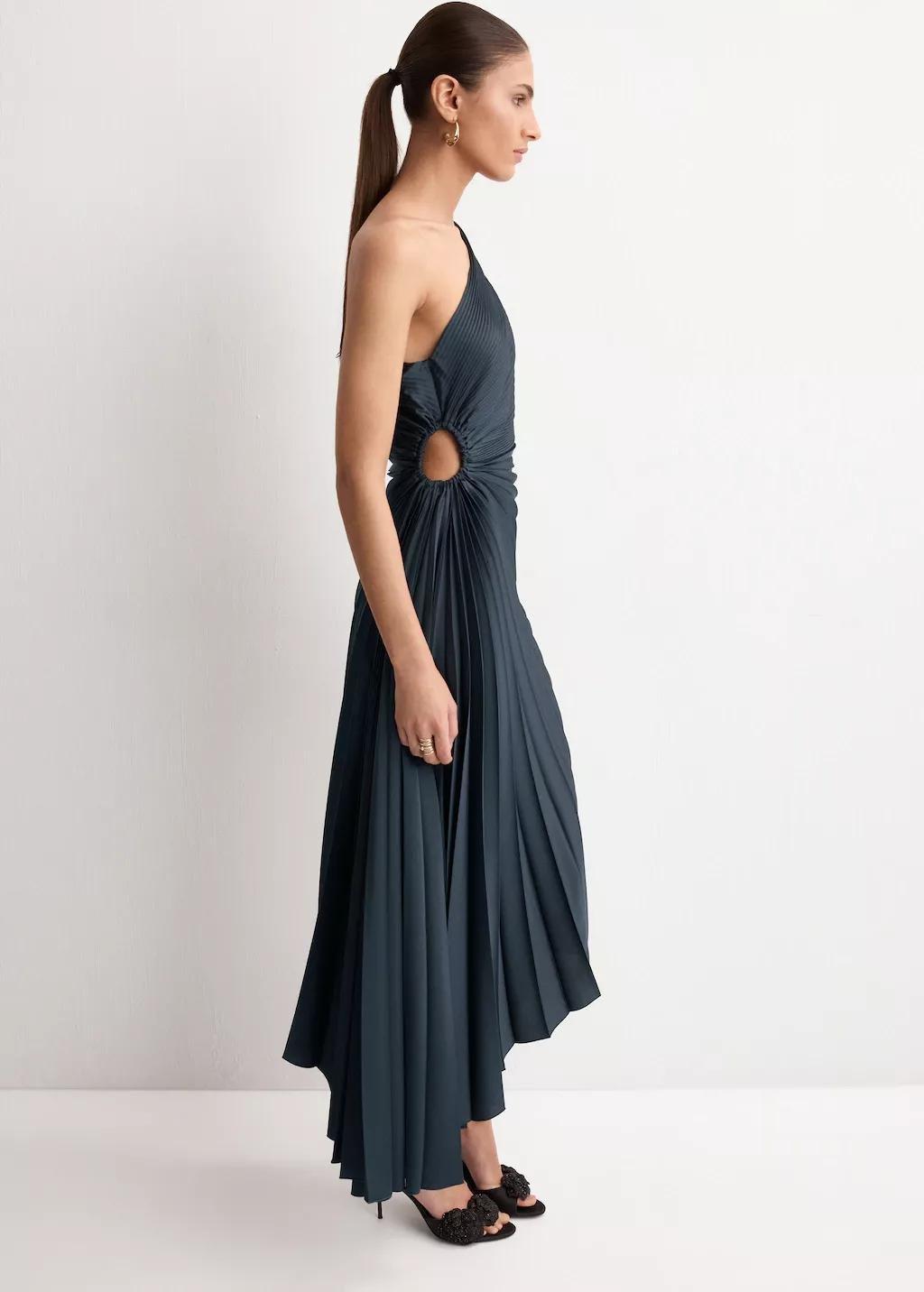 Blue Pleated Asymmetrical Dress With Opening, 0201_52, large image number 0