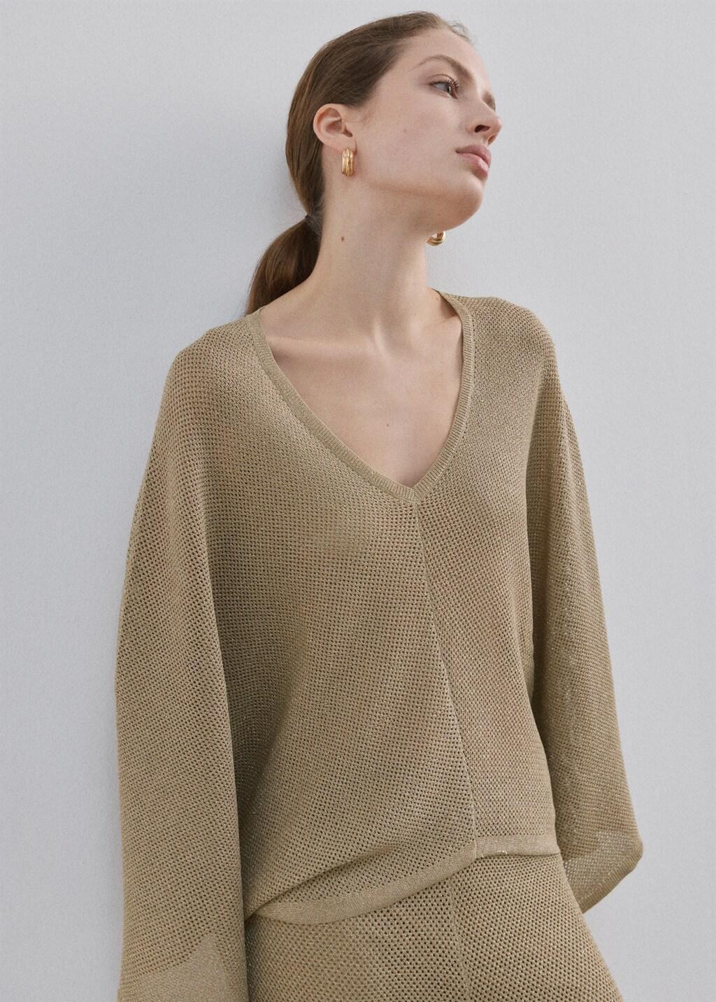 Gold V-Neck Knit Top, 0201_OR, large image number 3