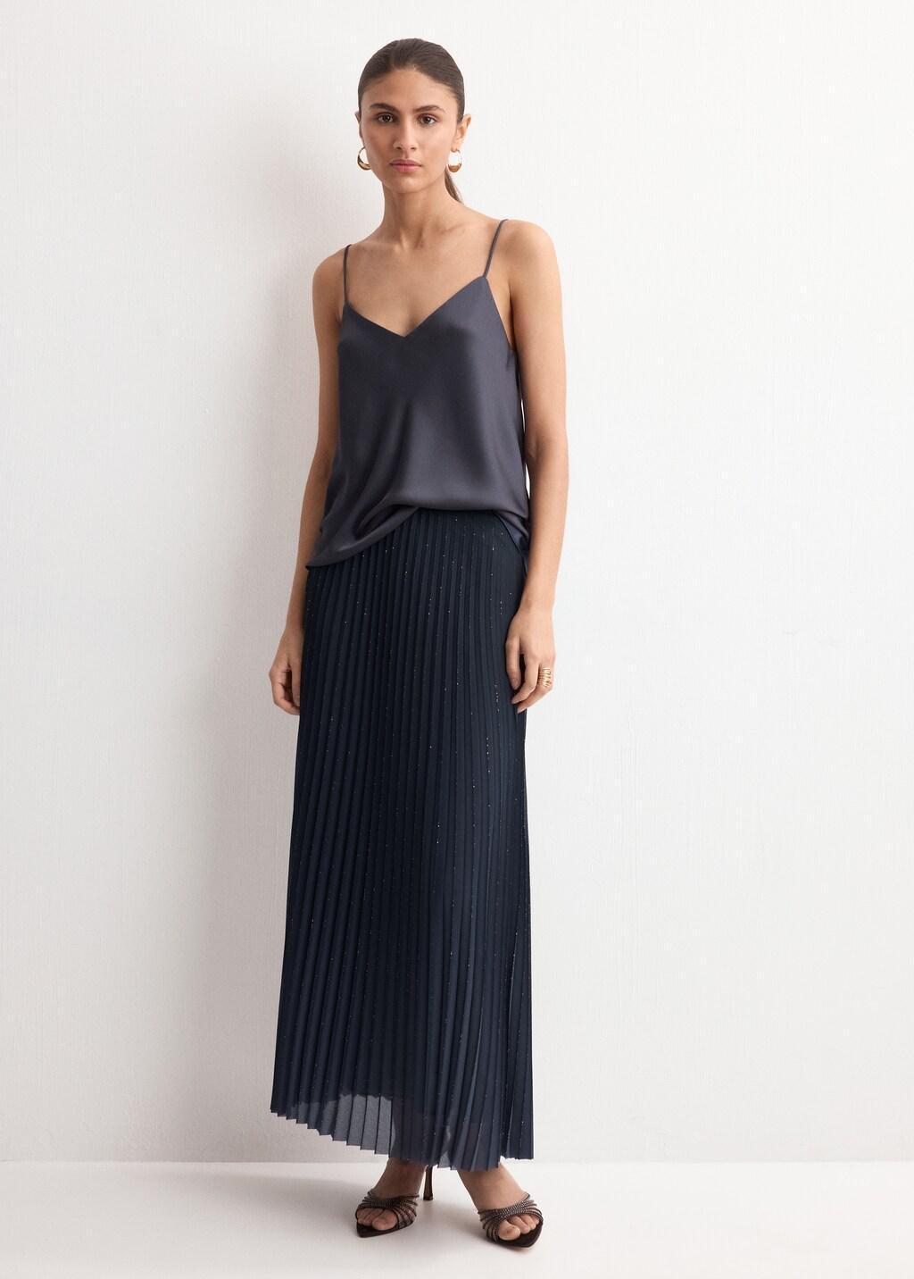 Blue Pleated Flared Skirt, Dark Blue, large image number 0