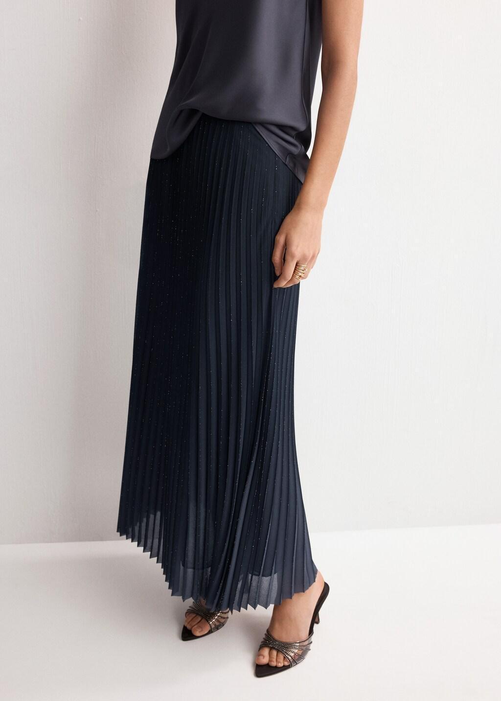 Blue Pleated Flared Skirt, Dark Blue, large image number 3