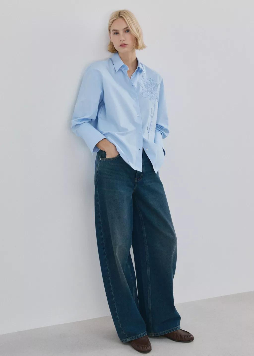 Blue Floral Embroidered Shirt, Light-Pastel Blue, large image number 0