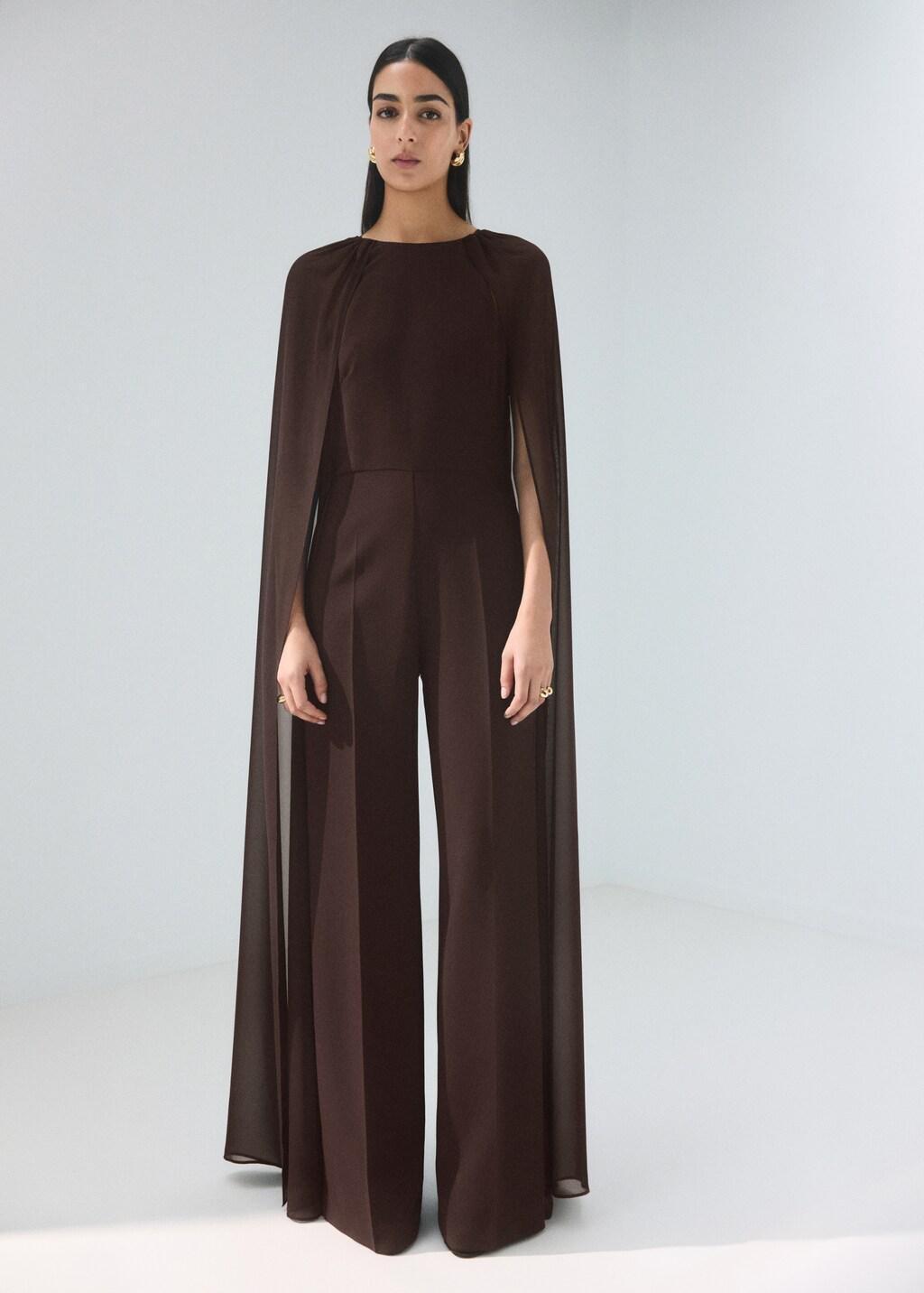 Brown Long Sleeve Jumpsuit With Openings, Dark Brown, medium
