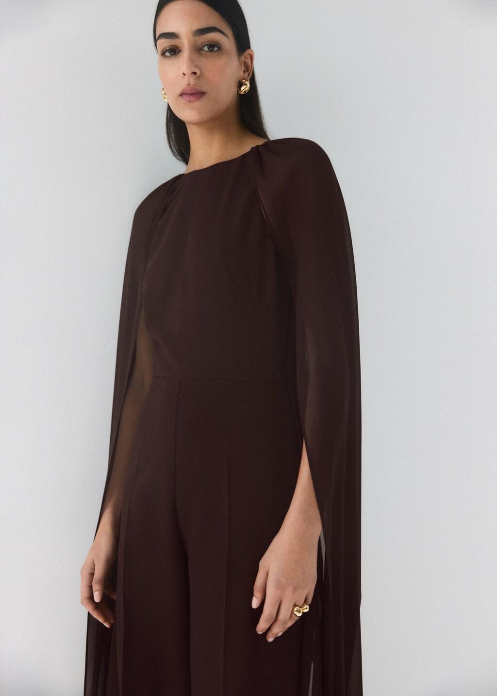Brown Long Sleeve Jumpsuit With Openings, Dark Brown, large image number 3