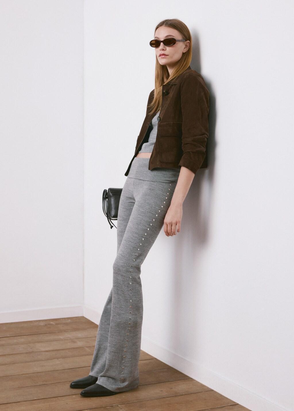 Grey Studded Knit Pants, 0201_94, large image number 0